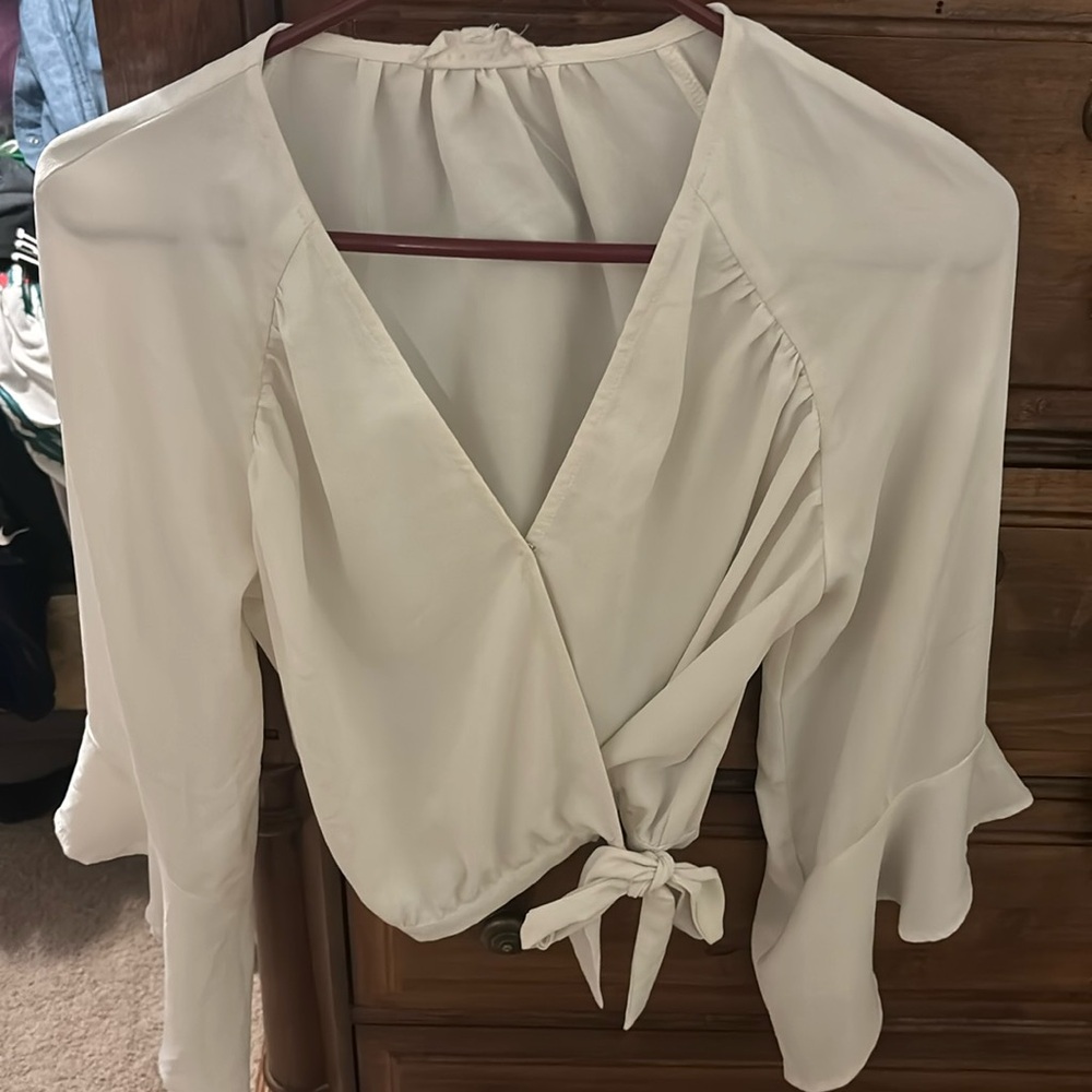 White front tie top with bell sleeve size s